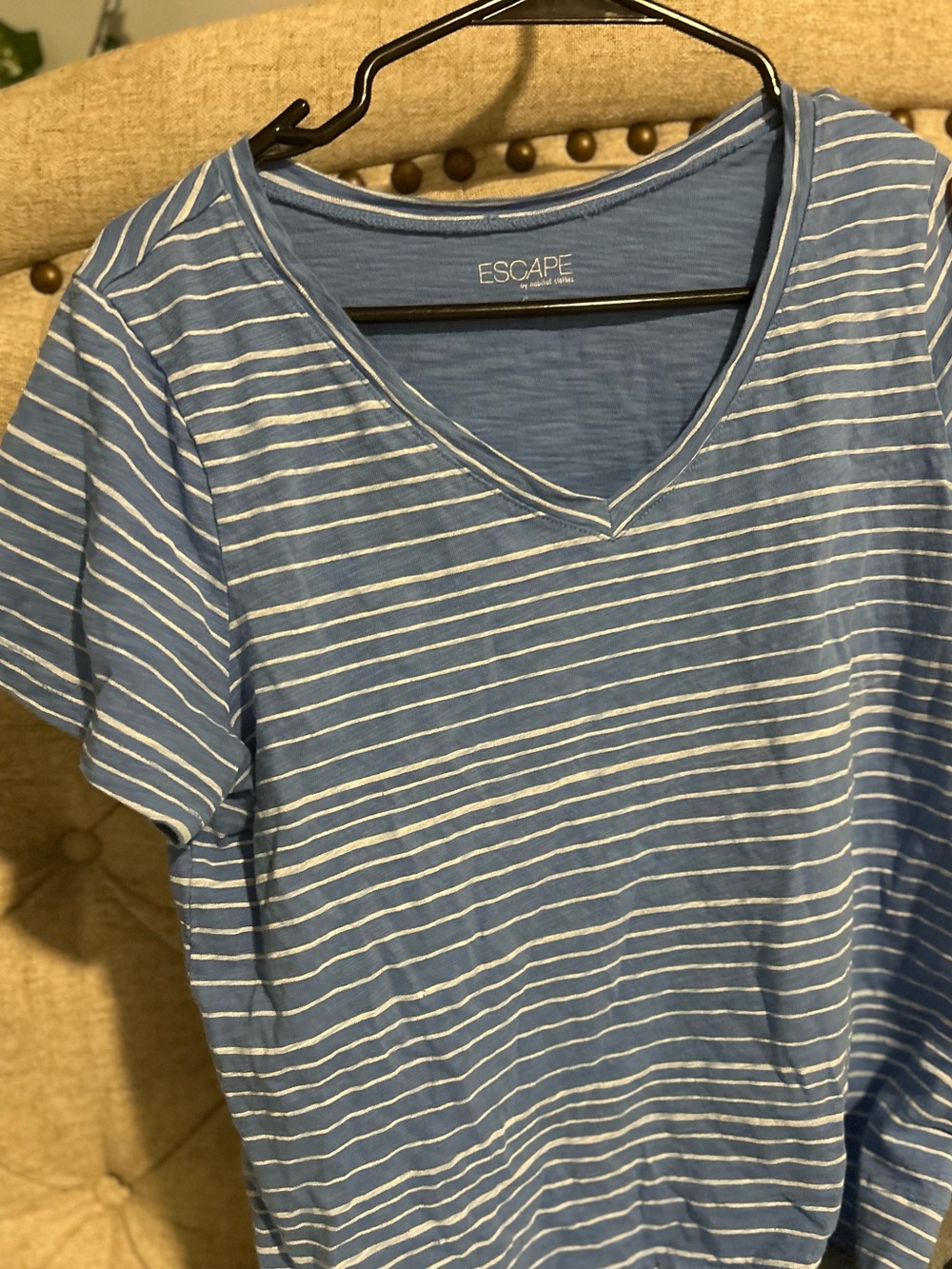 Escape Women's Classic Blue & White Stripe V-Neck Tee